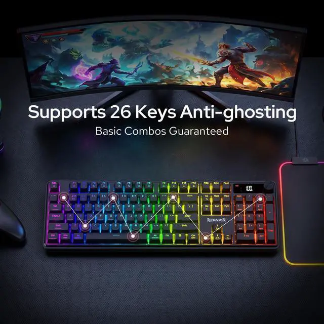 Alt view image 6 of 7 - K526 PRO RGB Wireless Membrane Gaming Keyboard, 104 Keys Mechanical-Feel Keyboard w/LED Info Display, Media/Backlit Knob Control, Smooth Linear Switch & Software Supported