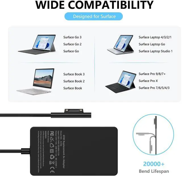 Alt view image 2 of 6 - 65W Surface Pro Laptop Charger Power Supply Adapter for Microsoft Surface Pro 11/10/9/8/7+/7/6/5/4/3, Surface Laptop, Surface Book, Surface Go, Surface Laptop Go, with 6.2 Ft Power Cord