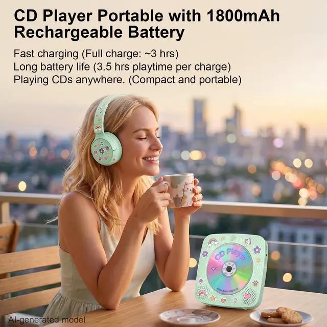 Alt view image 2 of 7 - CD Player Portable Rechargeable: CD Players for Home Portable CD Player with Bluetooth & Dual Speakers 1800mAh CD Boombox FM Radio USB Type-C MP3 Music Player