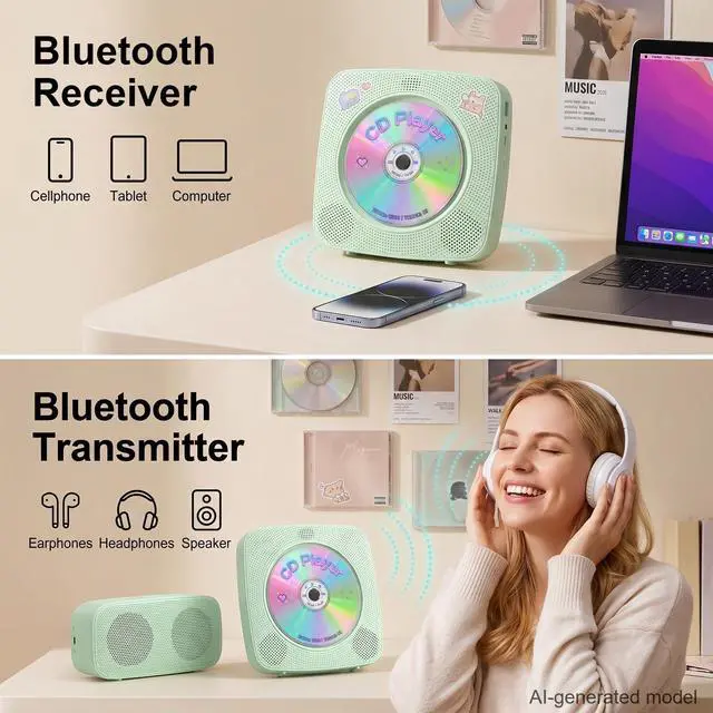 Alt view image 3 of 7 - CD Player Portable Rechargeable: CD Players for Home Portable CD Player with Bluetooth & Dual Speakers 1800mAh CD Boombox FM Radio USB Type-C MP3 Music Player