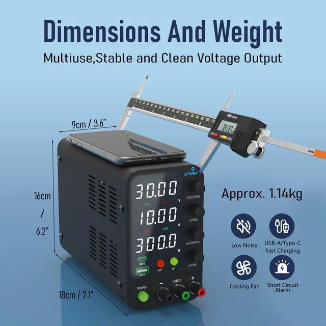 Alt view image 3 of 5 - DC Power Supply Variable, 0-32V 0-10A Switching Bench Power Supply with 20W USB & Type-C Quick-Charge, Encoder Corase & Fine Adjustment Knob, Output Switch, 4-Digit LED Display - SPS-3010V