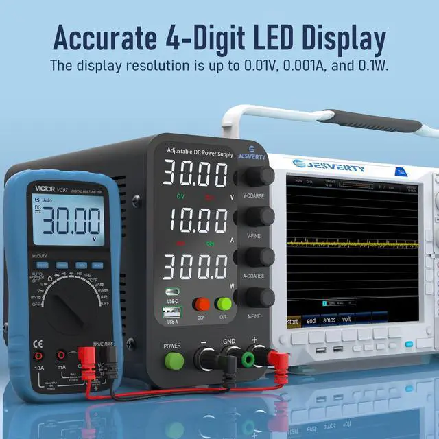 Alt view image 2 of 5 - DC Power Supply Variable, 0-32V 0-10A Switching Bench Power Supply with 20W USB & Type-C Quick-Charge, Encoder Corase & Fine Adjustment Knob, Output Switch, 4-Digit LED Display - SPS-3010V