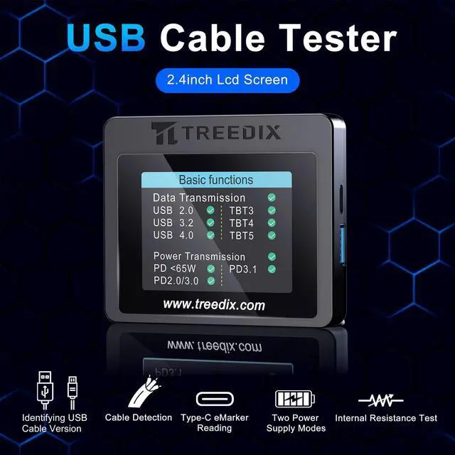 Alt view image 2 of 6 - USB Cable Tester with 2.4" Color Screen for eMarker Reading, PD 3.0/3.1 Detection, Resistor and Continuity Check, Compatible with Lightning, Type-C, Micro-B 2.0/3.0, and Mini-B Cables