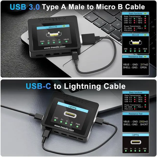 Alt view image 5 of 6 - USB Cable Tester with 2.4" Color Screen for eMarker Reading, PD 3.0/3.1 Detection, Resistor and Continuity Check, Compatible with Lightning, Type-C, Micro-B 2.0/3.0, and Mini-B Cables