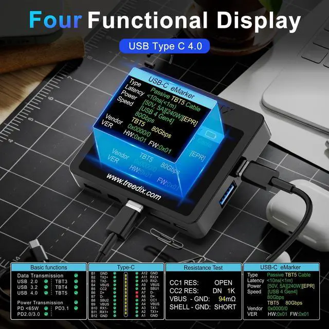 Alt view image 3 of 6 - USB Cable Tester with 2.4" Color Screen for eMarker Reading, PD 3.0/3.1 Detection, Resistor and Continuity Check, Compatible with Lightning, Type-C, Micro-B 2.0/3.0, and Mini-B Cables