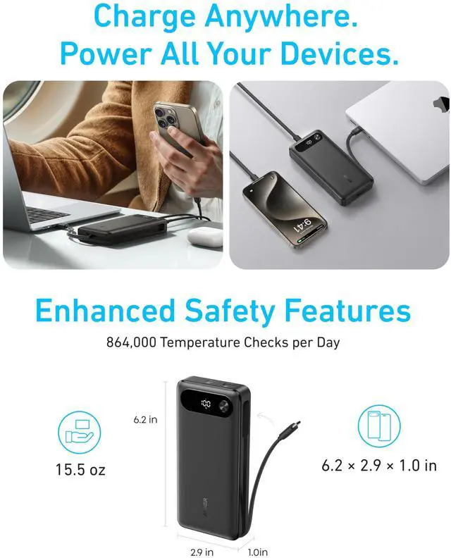 Alt view image 6 of 7 - Power Bank, 20,000mAh Travel Essential Portable Charger with Built-in USB-C Cable, 3-Port 87W Max Fast Charging Battery Pack, for MacBook, iPhone 16/15 Series, Samsung, Switch, and More