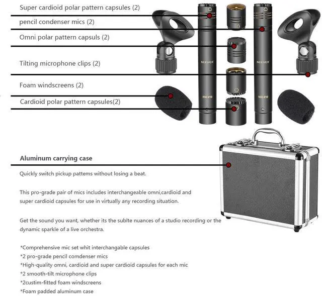Alt view image 5 of 6 - 2-Pack Pencil Stick Condenser Mic with Interchangeable Omni Cardioid and Super Cardioid Capsules Foam Windscreens Mic Clip and Carrying Case for Acoustic Woodwind Instruments