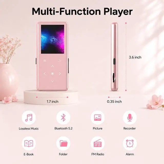 Alt view image 7 of 7 - 64GB MP3 Player with Bluetooth 5.2, AiMoonsa Music Player with Built-in HD Speaker, FM Radio, Voice Recorder, HiFi Sound, E-Book Function, Rose Gold