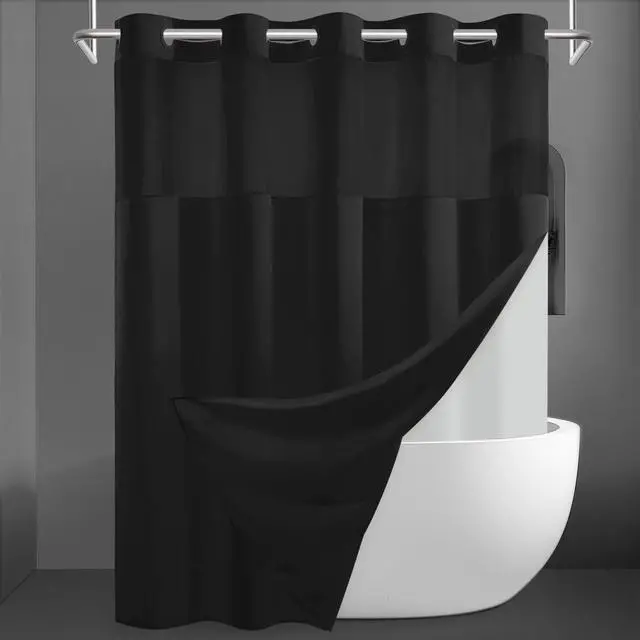 Main image of No Hook Slub Textured Shower Curtain with Snap in Liner - Black Fabric Outer Curtain & Waterproof Inner Liner, Hotel Style with See Through Top Window, 71x74 in