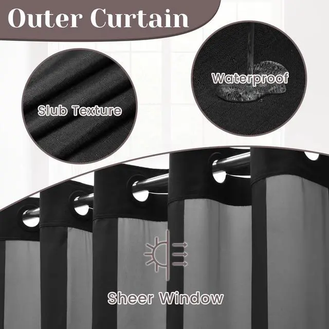 Alt view image 2 of 7 - No Hook Slub Textured Shower Curtain with Snap in Liner - Black Fabric Outer Curtain & Waterproof Inner Liner, Hotel Style with See Through Top Window, 71x74 in