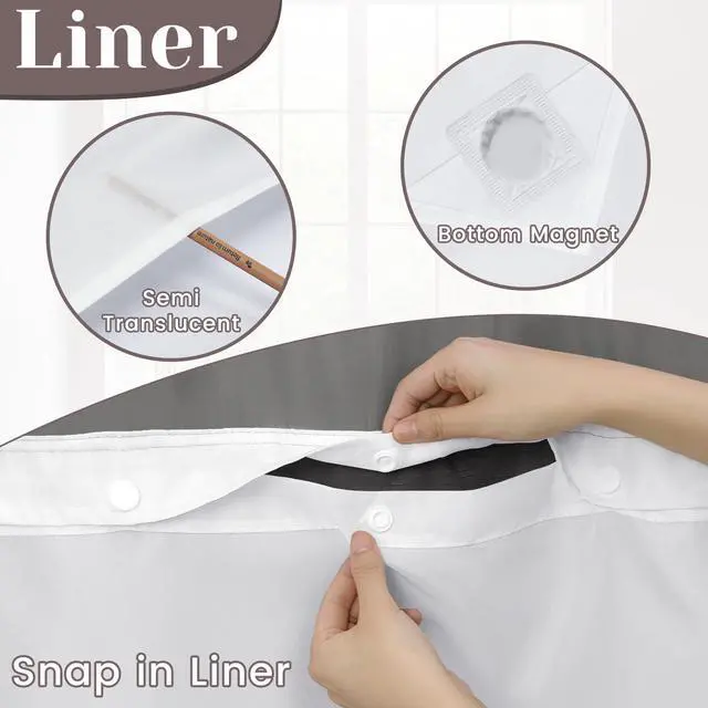 Alt view image 3 of 7 - No Hook Slub Textured Shower Curtain with Snap in Liner - Black Fabric Outer Curtain & Waterproof Inner Liner, Hotel Style with See Through Top Window, 71x74 in