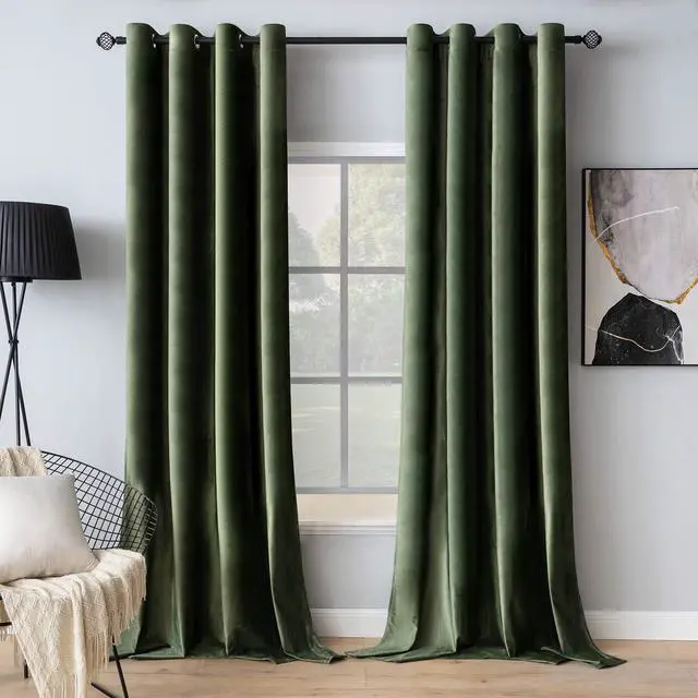 Main image of Velvet Curtains Olive Green Elegant Grommet Curtains Thermal Insulated Soundproof Room Darkening Drapes for Classical Living Room Bedroom Decor 52 x 84 Inch Set of 2