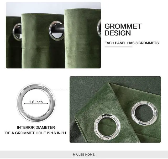Alt view image 2 of 6 - Velvet Curtains Olive Green Elegant Grommet Curtains Thermal Insulated Soundproof Room Darkening Drapes for Classical Living Room Bedroom Decor 52 x 84 Inch Set of 2