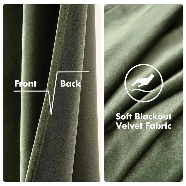 Alt view image 3 of 6 - Velvet Curtains Olive Green Elegant Grommet Curtains Thermal Insulated Soundproof Room Darkening Drapes for Classical Living Room Bedroom Decor 52 x 84 Inch Set of 2