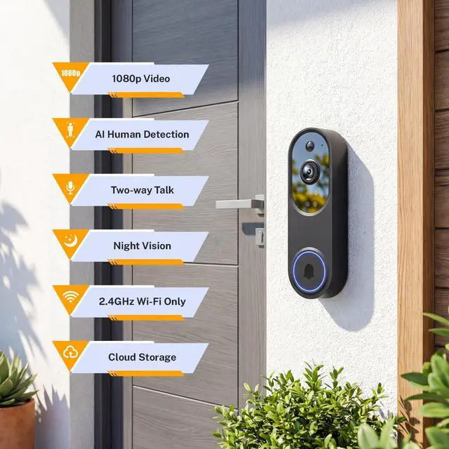 Alt view image 2 of 7 - Video Doorbell Camera, Wireless Security Camera, 1080p, Battery Powered, AI Motion Detection, Night Vision, Two-Way Audio, Cloud Storage, 2.4 GWi-Fi, for Visitor, Baby Monitor