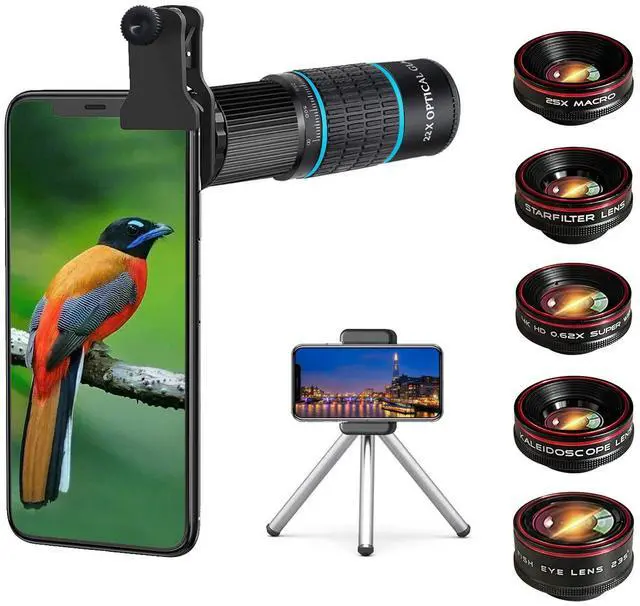 Main image of Phone Camera Lens Kit 10 in 1 for iPhone Samsung Pixel Android, 22X Telephoto Lens, 0.62X Super Wide Angle Lens&25X Macro Lens, 235° Fisheye,Kaleidoscopes, StarlightTripodfor Most Smartphone Black