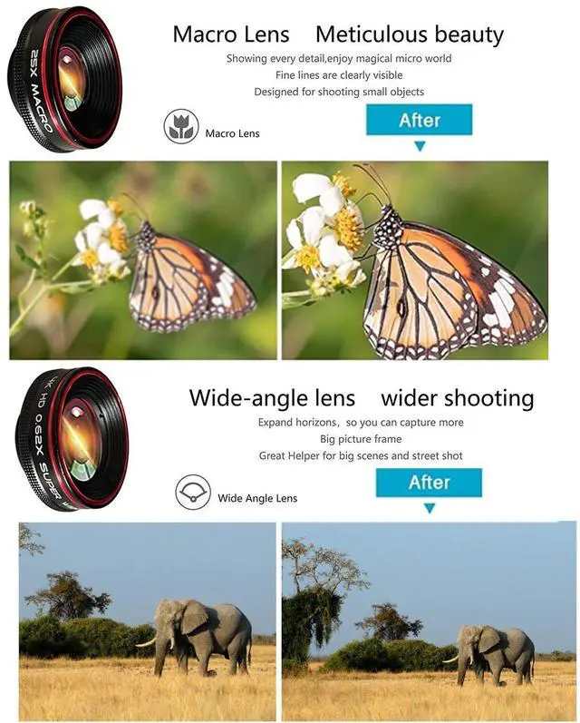 Alt view image 3 of 7 - Phone Camera Lens Kit 10 in 1 for iPhone Samsung Pixel Android, 22X Telephoto Lens, 0.62X Super Wide Angle Lens&25X Macro Lens, 235° Fisheye,Kaleidoscopes, StarlightTripodfor Most Smartphone Black