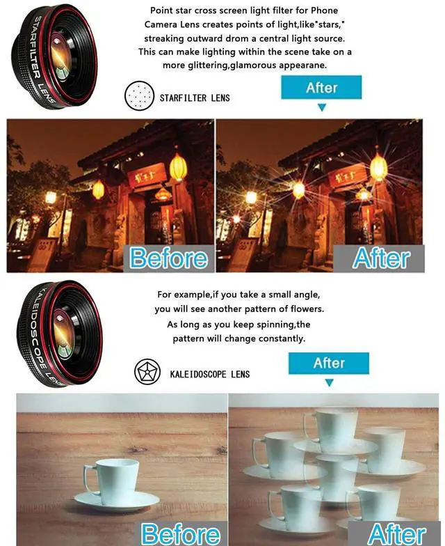 Alt view image 4 of 7 - Phone Camera Lens Kit 10 in 1 for iPhone Samsung Pixel Android, 22X Telephoto Lens, 0.62X Super Wide Angle Lens&25X Macro Lens, 235° Fisheye,Kaleidoscopes, StarlightTripodfor Most Smartphone Black