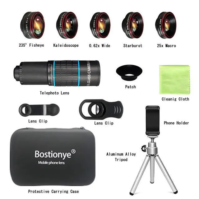 Alt view image 7 of 7 - Phone Camera Lens Kit 10 in 1 for iPhone Samsung Pixel Android, 22X Telephoto Lens, 0.62X Super Wide Angle Lens&25X Macro Lens, 235° Fisheye,Kaleidoscopes, StarlightTripodfor Most Smartphone Black