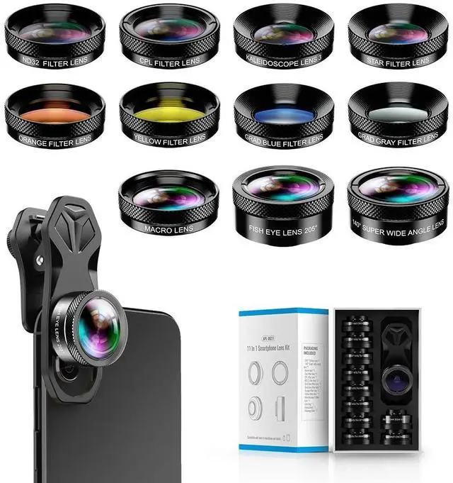 Main image of 11 in 1 Phone Camera Lens Kit - Wide Angle Lens & Macro Lens+Fisheye Lens/ND32/kaleidoscope/CPL/Color Lens Compatible with iPhone Samsung Sony and Most of Smartphone