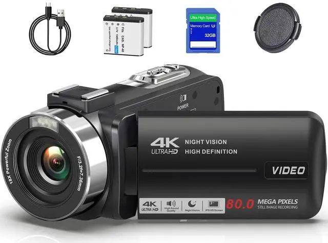 Main image of Camcorder Video Camera 4K UHD 80MP IR Night Vision Vlogging Camera for YouTube 18X Digital Zoom Camcorder Autofocus 3.0" 270° Rotation IPS Screen Video Recorder with 32G SD Card, Lens Cap, 2 Batteries