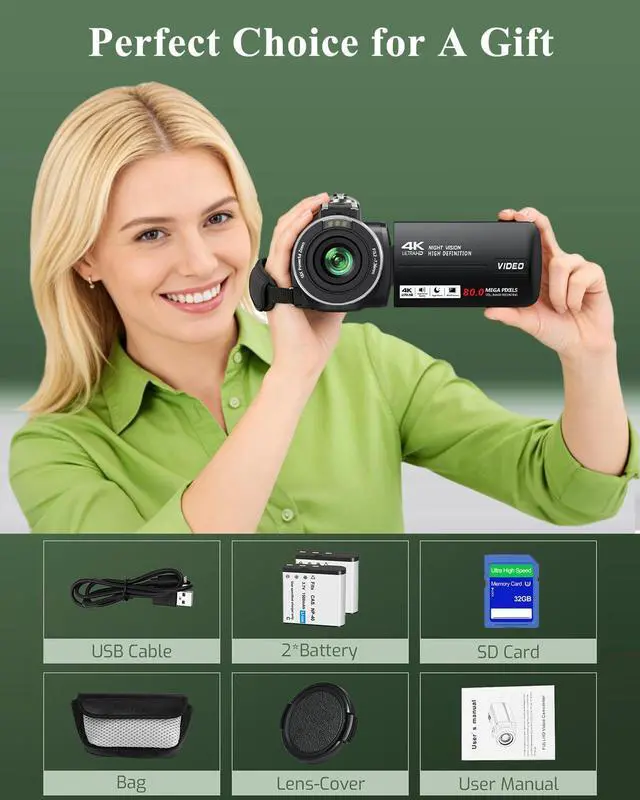 Alt view image 7 of 7 - Camcorder Video Camera 4K UHD 80MP IR Night Vision Vlogging Camera for YouTube 18X Digital Zoom Camcorder Autofocus 3.0" 270° Rotation IPS Screen Video Recorder with 32G SD Card, Lens Cap, 2 Batteries