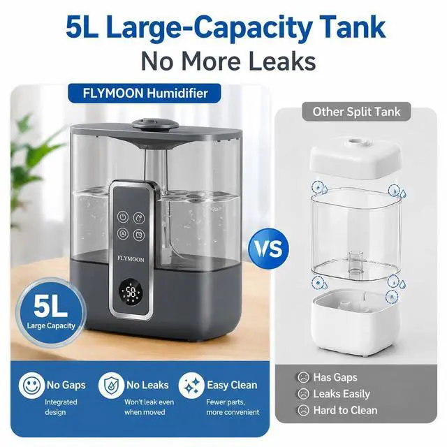 Alt view image 3 of 7 - Humidifier for Bedroom, Top Fill 5L Cool Mist Humidifiers with 28dB, Smart Humidifier for Large Room, Plants, Auto-Off, 12H Timer, 50 Hour Runtime,Tuya App Control, Black