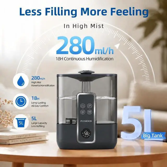 Alt view image 4 of 7 - Humidifier for Bedroom, Top Fill 5L Cool Mist Humidifiers with 28dB, Smart Humidifier for Large Room, Plants, Auto-Off, 12H Timer, 50 Hour Runtime,Tuya App Control, Black