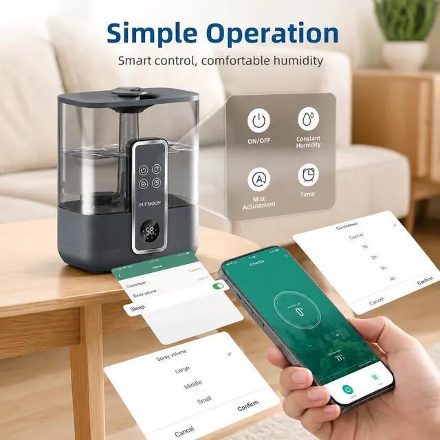 Alt view image 5 of 7 - Humidifier for Bedroom, Top Fill 5L Cool Mist Humidifiers with 28dB, Smart Humidifier for Large Room, Plants, Auto-Off, 12H Timer, 50 Hour Runtime,Tuya App Control, Black