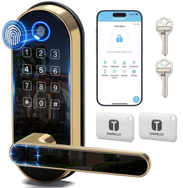 Main image of Fingerprint Smart Lock with Handle & Keypad Fits Most US Doors, DIY Install, Keyless Entry: Code, FOB, Auto-Lock. Ideal for Home, Airbnb, Rental, Kids, Seniors. Alexa & Google Compatible