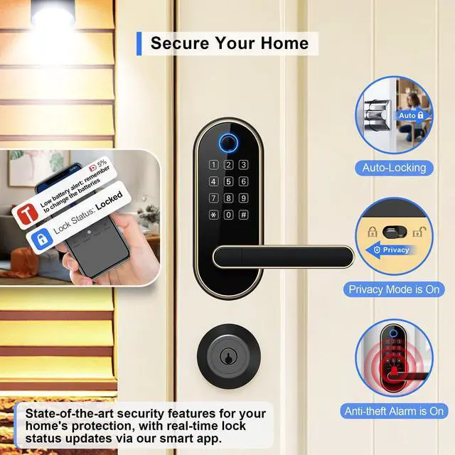 Alt view image 4 of 7 - Fingerprint Smart Lock with Handle & Keypad Fits Most US Doors, DIY Install, Keyless Entry: Code, FOB, Auto-Lock. Ideal for Home, Airbnb, Rental, Kids, Seniors. Alexa & Google Compatible