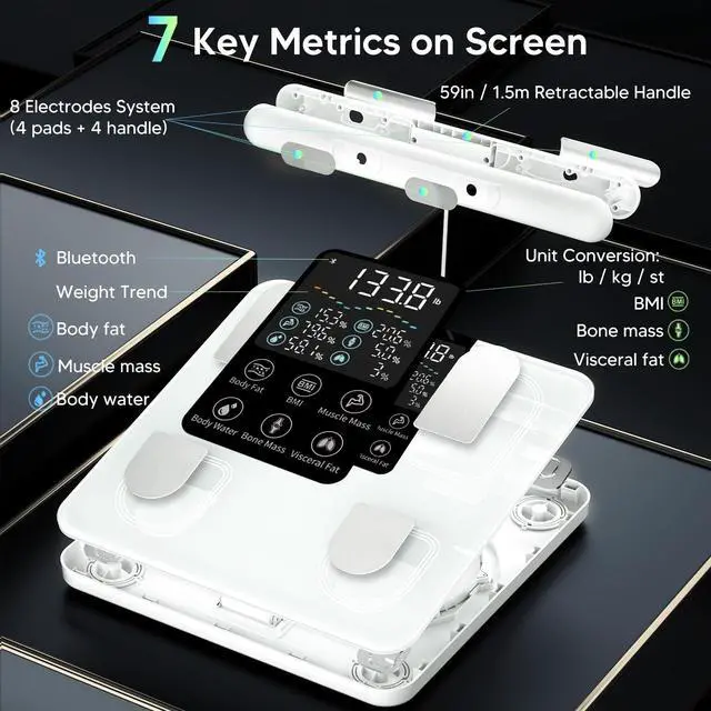 Alt view image 4 of 7 - Scale for Body Weight, Upgrade 50+ Metrics 8-Electrode Smart Scale with BMI, Body Fat, Muscle Mass, Full Body Composition Analyzer, High Precision Digital Bathroom Scale