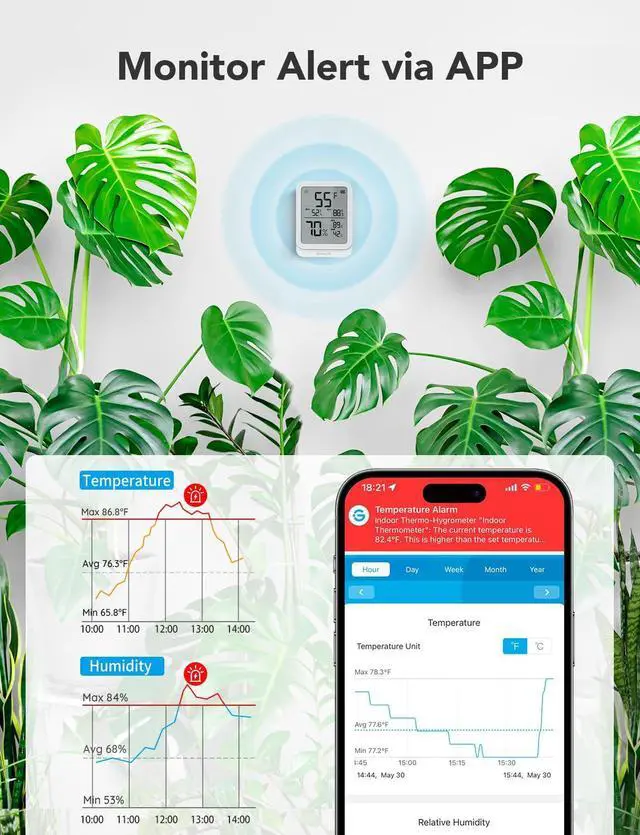 Alt view image 6 of 7 - Hygrometer Thermometer H5104 3Pack, Bluetooth Room Temperature Monitor with APP Alert and 2 Years Date Storage Export, Remote LCD Digital Hygrometer Indoor Humidity Meter, Greenhouse
