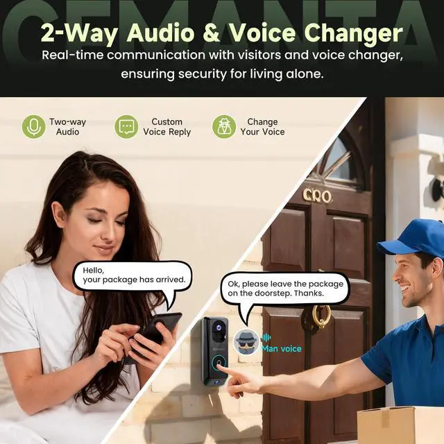 Alt view image 3 of 7 - 2K Video Doorbell Camera Wireless with Chime, Free Cloud Storage, Dual-Cam, Package Protection, 190° View, WiFi6, Voice Changer & Anti-Tamper, Night Vision, 2-Way Audio, Compatible with Alexa