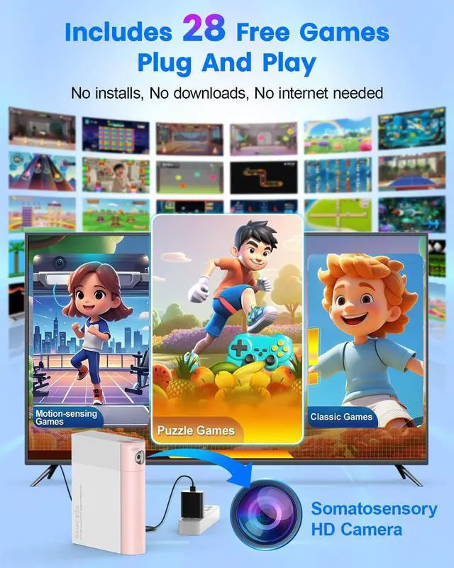 Alt view image 2 of 7 - AR Motion Gaming Console for Kids & Family - Plug & Play Video Game System for Indoor Physical Exercise & Interactive Family Fun, Great for Game Night, Playtime, and PlaydatesWhite&Pink