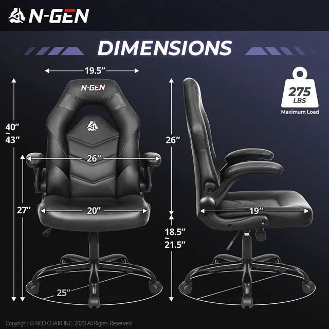 Alt view image 2 of 7 - N-GEN Video Gaming Computer Chair Ergonomic Desk Office Chair for Adults with Lumbar Support Flip-Up Arms Adjustable Height Swivel Wheels PU Leather Executive Design for Home and Office (Jet Black)