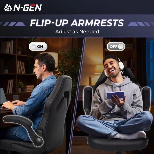 Alt view image 3 of 7 - N-GEN Video Gaming Computer Chair Ergonomic Desk Office Chair for Adults with Lumbar Support Flip-Up Arms Adjustable Height Swivel Wheels PU Leather Executive Design for Home and Office (Jet Black)