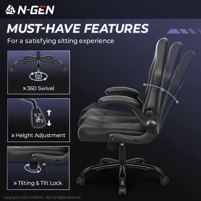 Alt view image 4 of 7 - N-GEN Video Gaming Computer Chair Ergonomic Desk Office Chair for Adults with Lumbar Support Flip-Up Arms Adjustable Height Swivel Wheels PU Leather Executive Design for Home and Office (Jet Black)