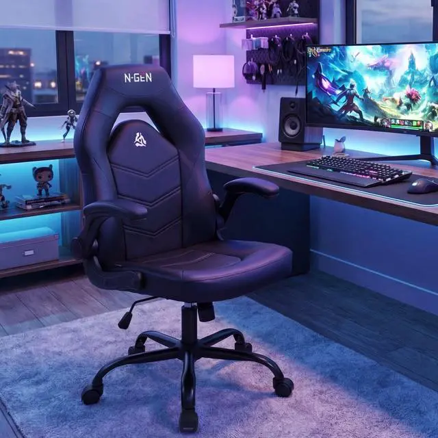 Alt view image 7 of 7 - N-GEN Video Gaming Computer Chair Ergonomic Desk Office Chair for Adults with Lumbar Support Flip-Up Arms Adjustable Height Swivel Wheels PU Leather Executive Design for Home and Office (Jet Black)