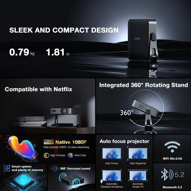 Alt view image 3 of 7 - Officially-Licensed APP & Native 1080P Thinnest 1.81" Smart Mini Projector with WiFi and Bluetooth, Auto Focus & Keystone Portable Outdoor Projector, VOPLLS 4K Support Home Movie Projector