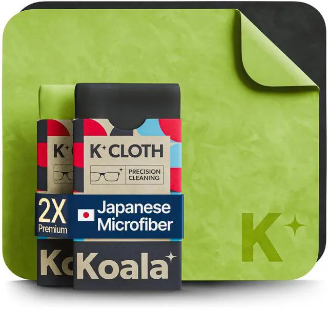 Main image of Koala Lens Cleaning Cloth | Japanese Microfiber | Glasses Cleaning Cloths | Eyeglass Lens Cleaner | Eyeglasses, Camera, VR/AR Headset, and Screen Cleaner | Black & Green (Pack of 2)