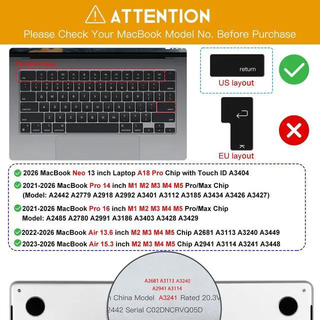 Alt view image 2 of 7 - Premium Keyboard Cover Ultra Thin Protector Skin for 2026 MacBook Neo 13" A18 Pro with Touch ID, 2026-2022 MacBook Air 15" 13.6" M5 M4 M3 M2 Chip, 2026-2021 MacBook Pro 14 16 inch M5-M1 Pro/Max, Clear