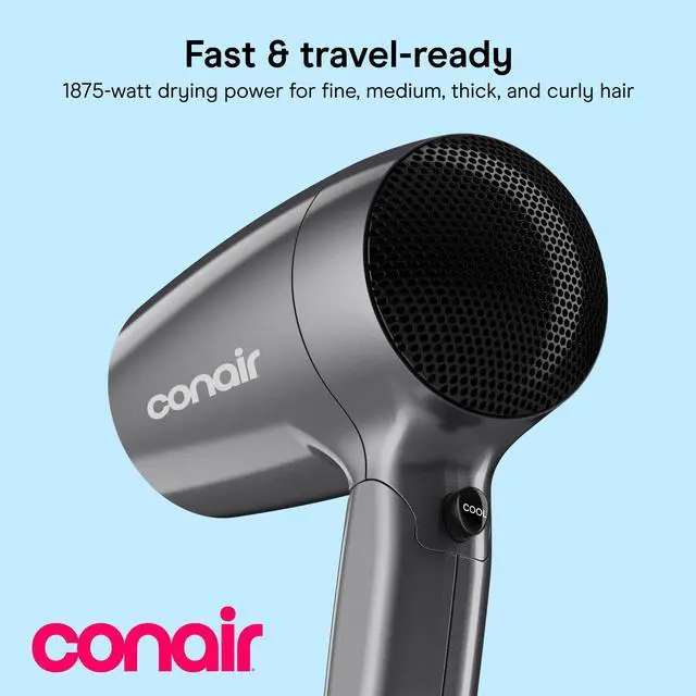 Alt view image 2 of 7 - Travel Hair Dryer with Dual Voltage, 1875W Compact Blow Dryer with Folding Handle, Gray