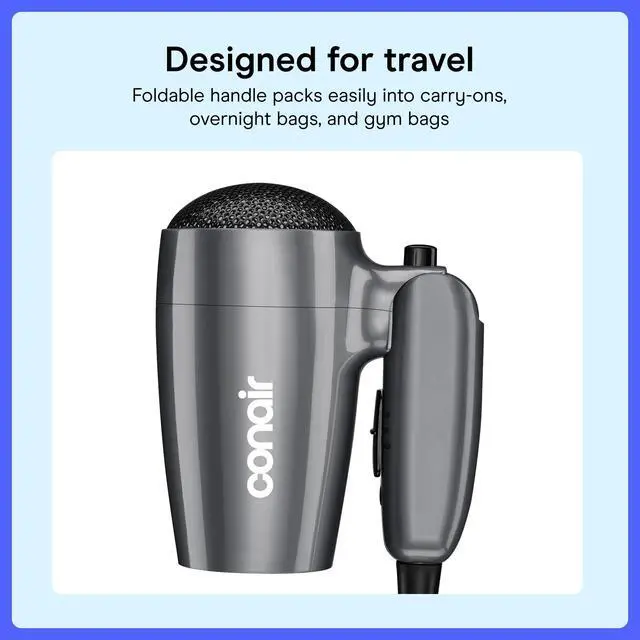 Alt view image 3 of 7 - Travel Hair Dryer with Dual Voltage, 1875W Compact Blow Dryer with Folding Handle, Gray