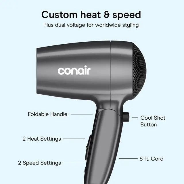 Alt view image 4 of 7 - Travel Hair Dryer with Dual Voltage, 1875W Compact Blow Dryer with Folding Handle, Gray