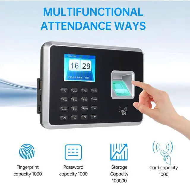 Alt view image 2 of 6 - Biometric Time Clock Attendance Machine for Employees Support 1000pcs Fingerprint/Password/ID Card Recognition 5 Languages System USB Port Data for School Restaurant Factory Office Hospital