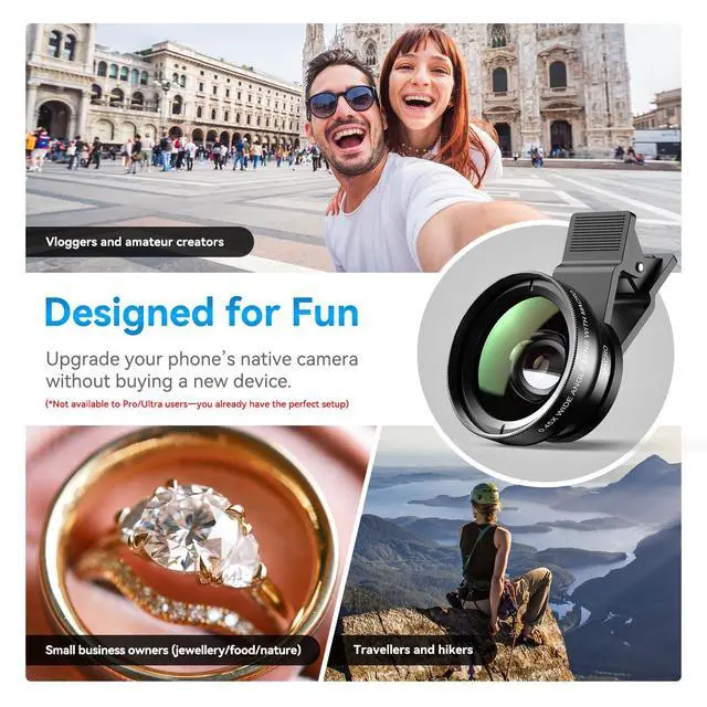 Alt view image 2 of 7 - 0.45x Wide Angle & 12.5X Macro Lens, Clip-On Phone Camera Kit for iPhone & Android Perfect for Selfies, Travel, and Close-Ups