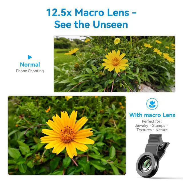 Alt view image 5 of 7 - 0.45x Wide Angle & 12.5X Macro Lens, Clip-On Phone Camera Kit for iPhone & Android Perfect for Selfies, Travel, and Close-Ups