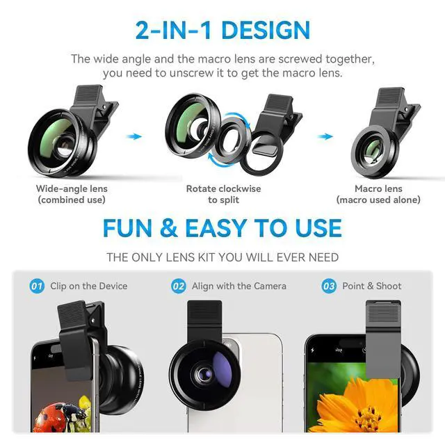 Alt view image 7 of 7 - 0.45x Wide Angle & 12.5X Macro Lens, Clip-On Phone Camera Kit for iPhone & Android Perfect for Selfies, Travel, and Close-Ups
