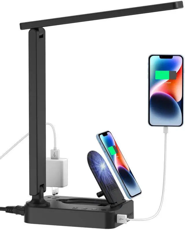 Main image of LED Desk Lamp with Wireless Charger, Desk Table Light with USB Charging Port and 2 Outlets, 3 Lighting Modes, 3 Level Brightness, 1H Timer, Touch Control, Eye-Caring Home Office Foldable Lamp